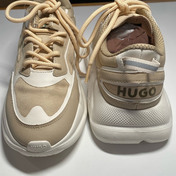 NWOT Hugo Women’s Runners Size 37 Fits 7 Leon Trainers Lace Ups Tan Cream Fabric - Picture 2 of 13